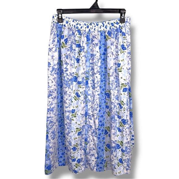 Small LC Lauren Conrad Blue White Floral Linen Blend ALine Skirt Midi Cottage - Picture 1 of 12